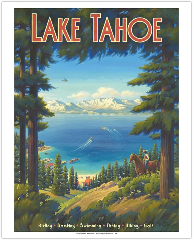 Kerne Erickson – Póster de viaje vintage de Kerne Erickson Lake Tahoe California, equitación, barco, natación, pesca, senderismo, golf, impresión de