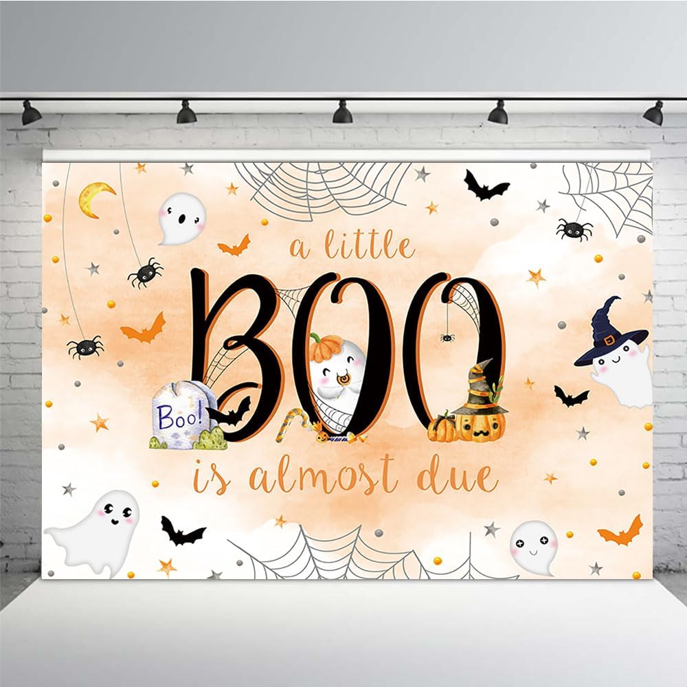 MEHOFOND Telón de fondo de Halloween de 7 x 5 pies para baby shower con texto en inglés “A Little Boo is Almost Due Orange Water” para niño con