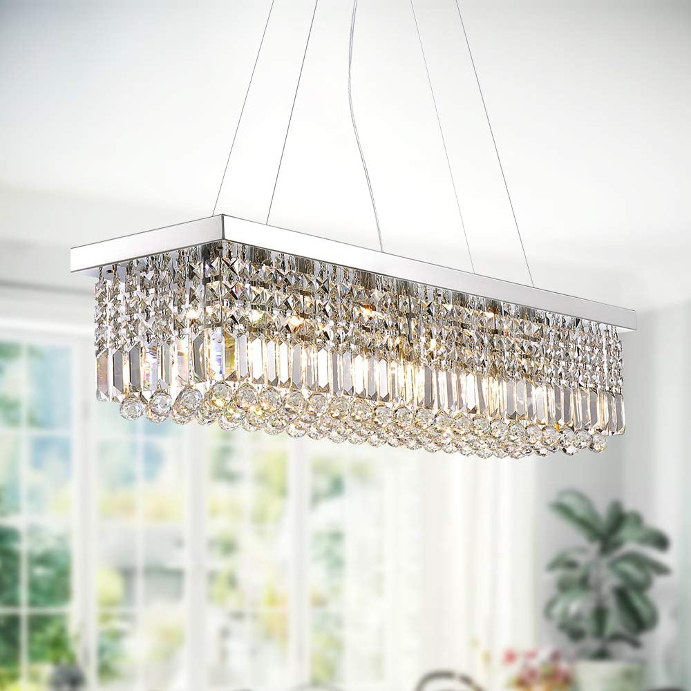 Lámpara rectangular K9 de cristal moderna rectangular colgante para comedor, cocina, isla cromada, 47 pulgadas de largo x 10 pulgadas de ancho x 10