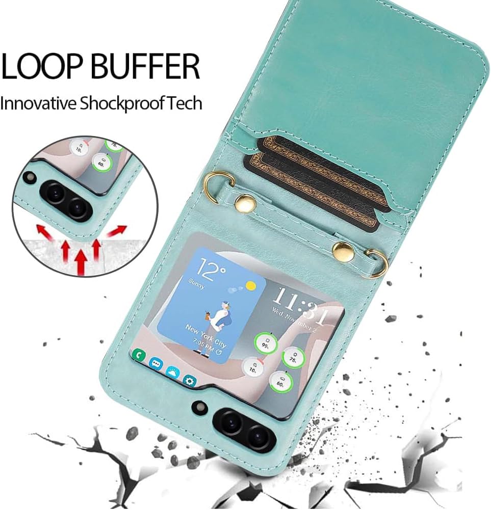 ZIYE Funda compatible con Samsung Galaxy Z Flip 5 con tarjetero y correa desmontable, cordón cruzado, de piel sintética, funda para teléfono para