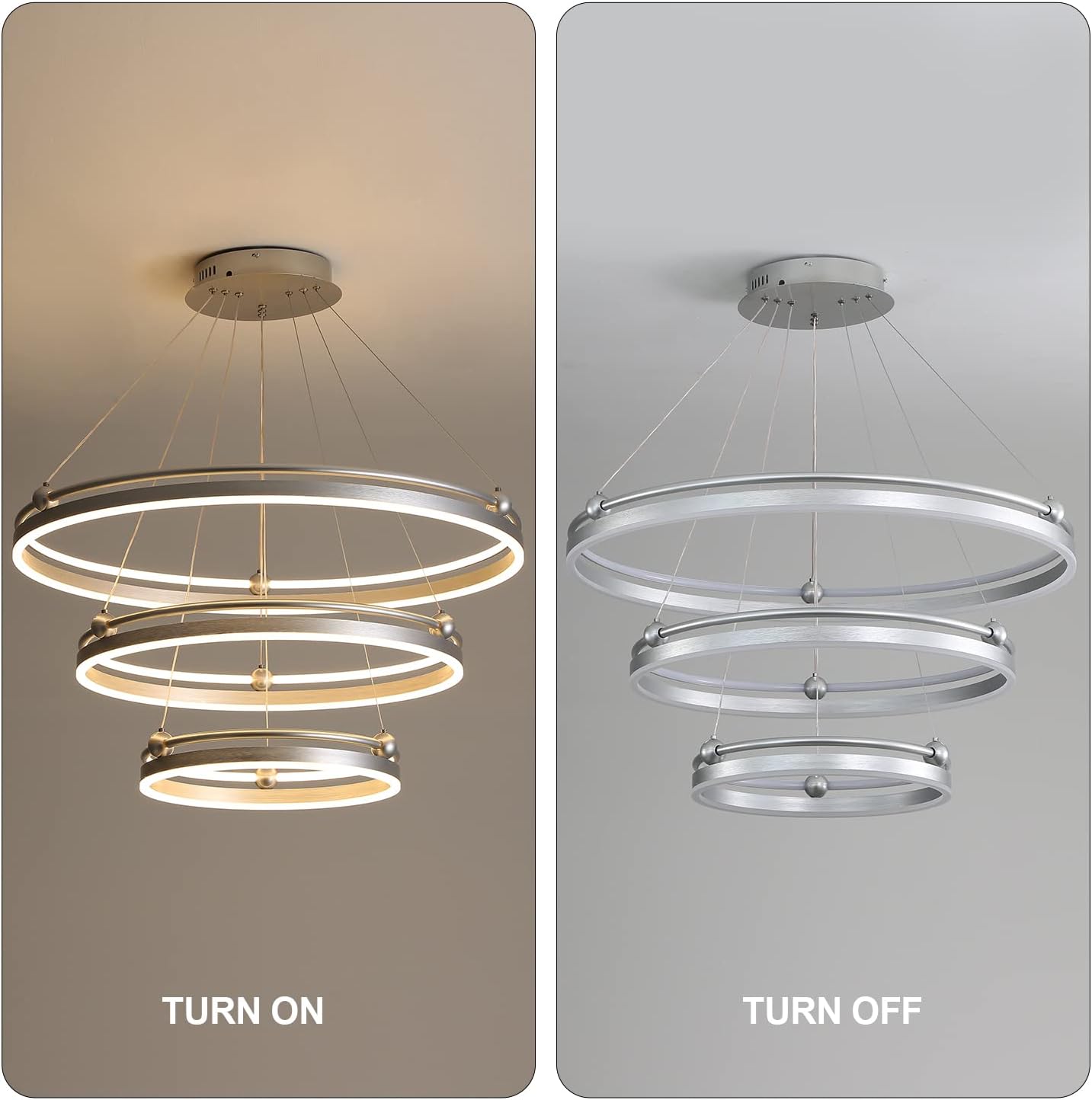 Candelabro LED moderno de 3 anillas, plateado, regulable, 230 W, 3 puntos luminosos, altura ajustable, cables de 59 pulgadas, adecuado para salas de