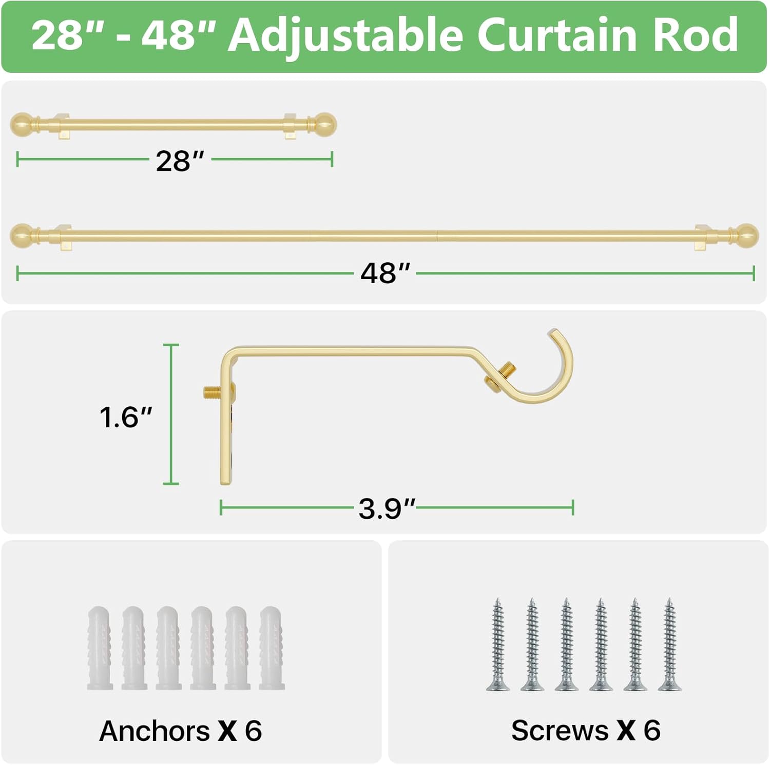 Barras de cortina doradas, barras de cortina ajustables para ventanas de 28 a 48 pulgadas, juego de barras de cortina de metal pulido resistente con