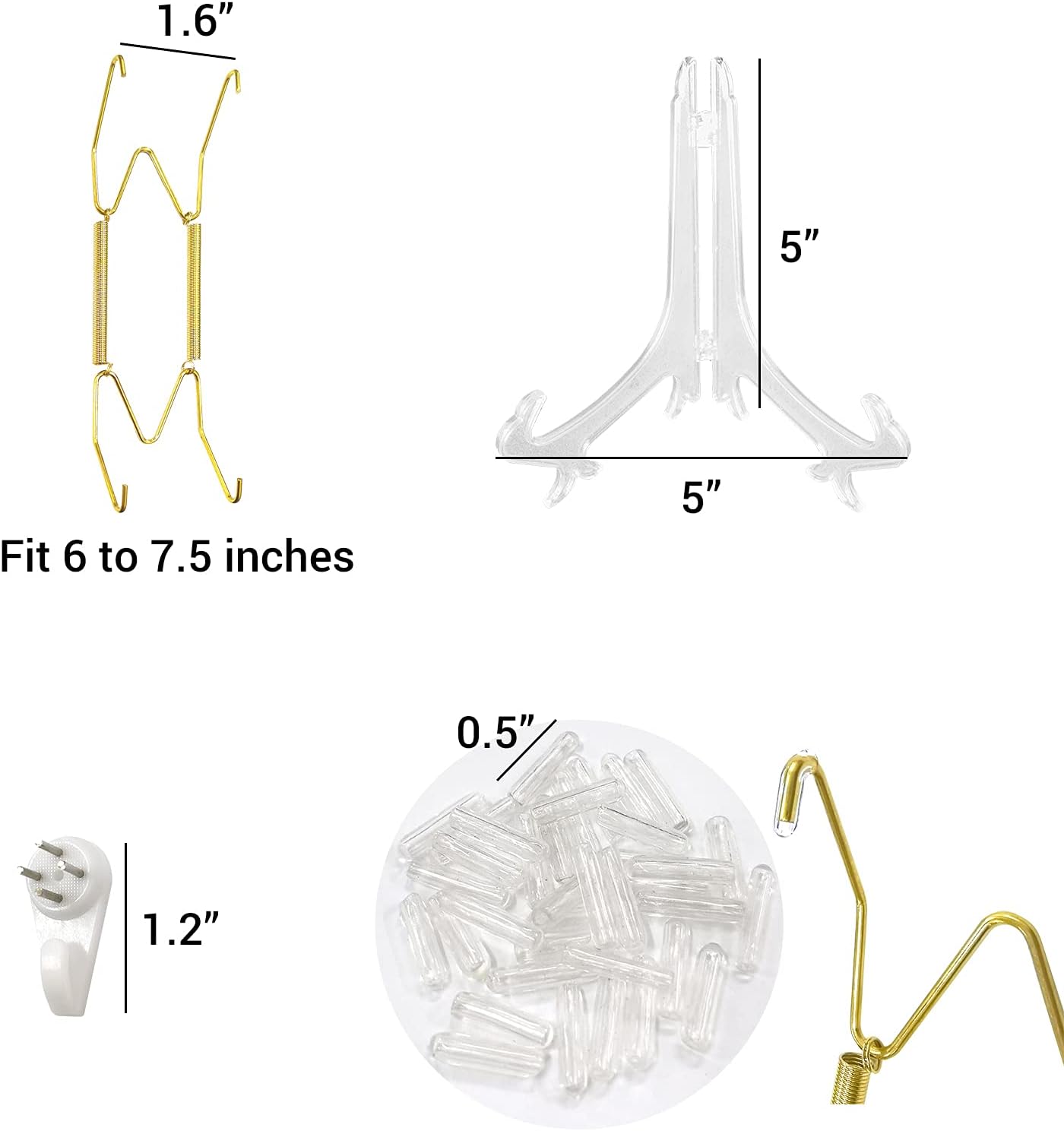 Daily Treasures 10 ganchos para platos, ganchos de pared de 6 pulgadas con 40 protectores de punta, 10 ganchos de pared y 4 soportes de caballete de