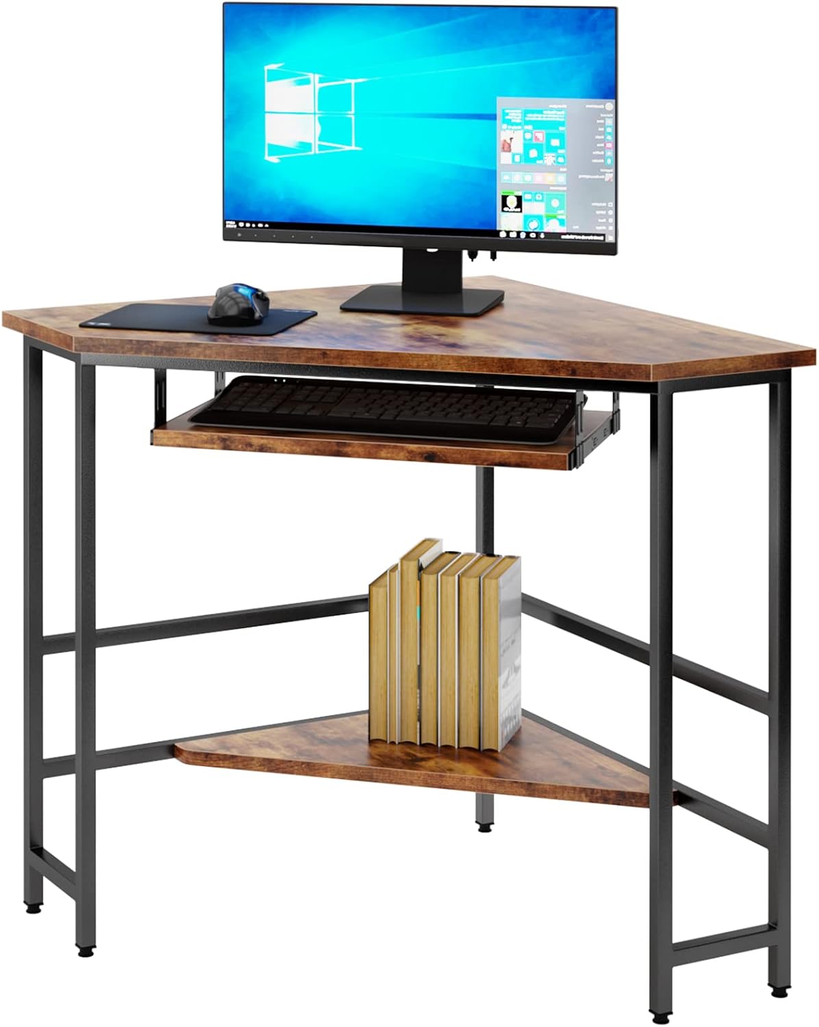 DlandHome Escritorio esquinero triangular para computadora con bandeja para teclado, mesa de computadora portátil, escritorio pequeño para