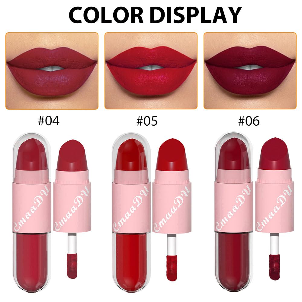 evpct Lápiz labial mate 2 en 1 y larga duración, a prueba de manchas, brillo de labios, juego de 3 piezas para mujer, color rojo rubí oscuro, beige,