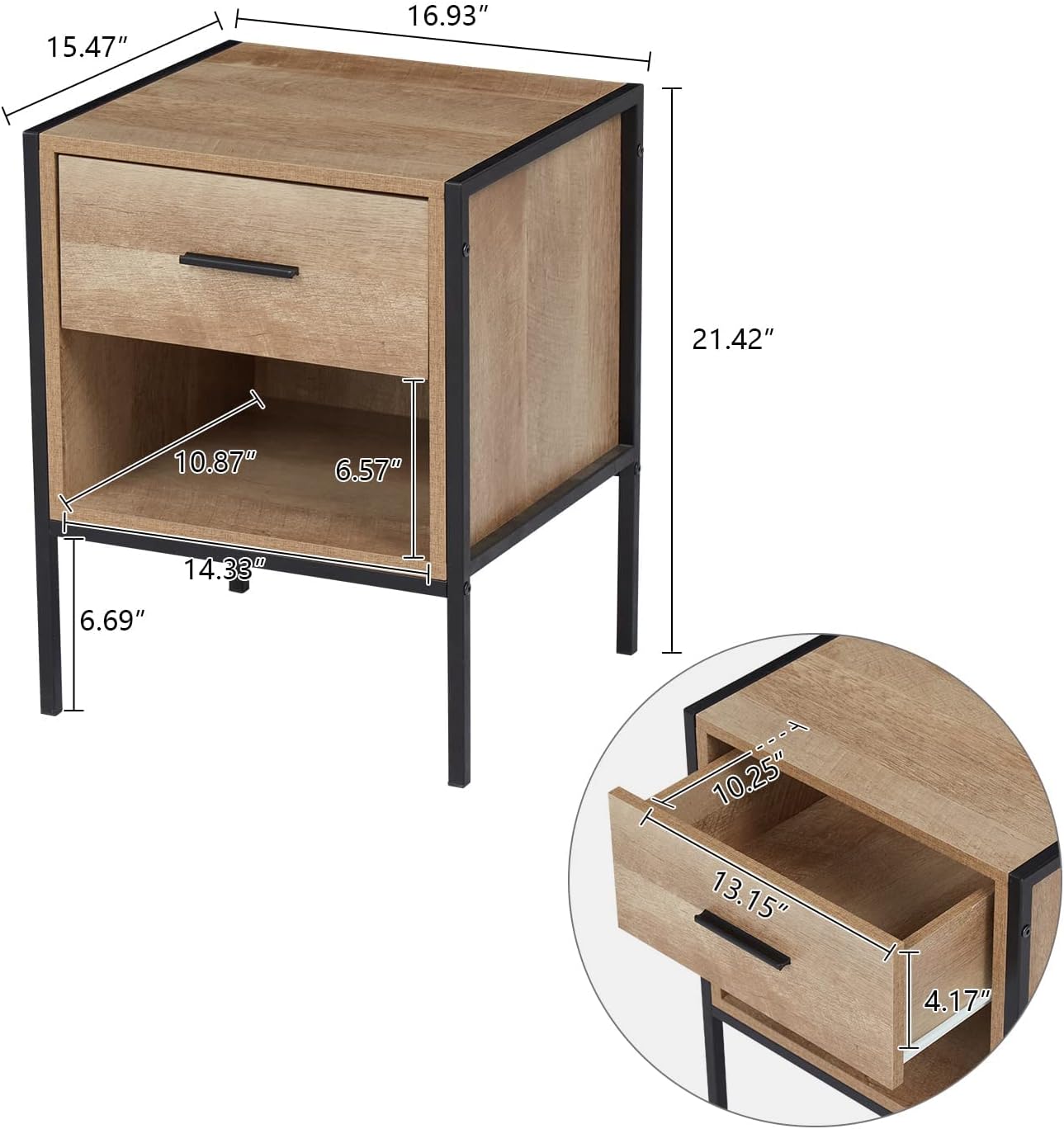 kinbor Juego de 2 mesitas de noche rústicas para sala de estar, juego de 2, mesita de noche con cajón y estante, muebles para el hogar para espacios