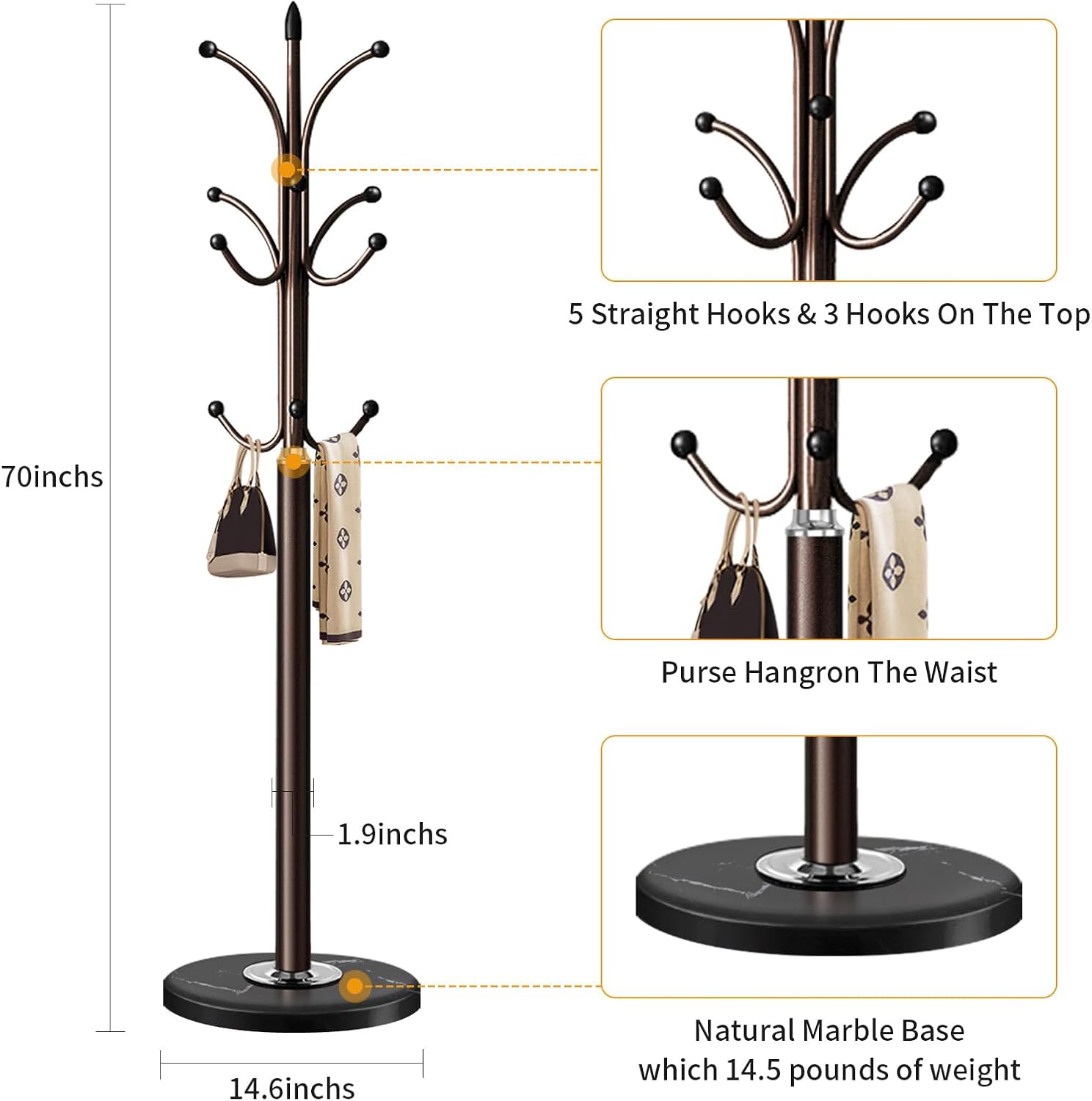 Perchero de metal con base de mármol natural, perchero independiente, árbol de pasillo independiente con 12 ganchos para colgar ropa, bolsos,