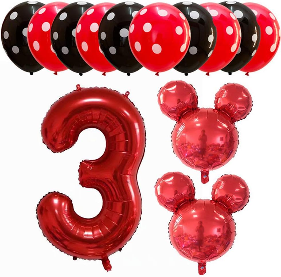 Hongkai Red Mouse – Juego de globos de aluminio para decoración de tercer cumpleaños de niña de 32 pulgadas, globos rojos de Mylar número 3 para