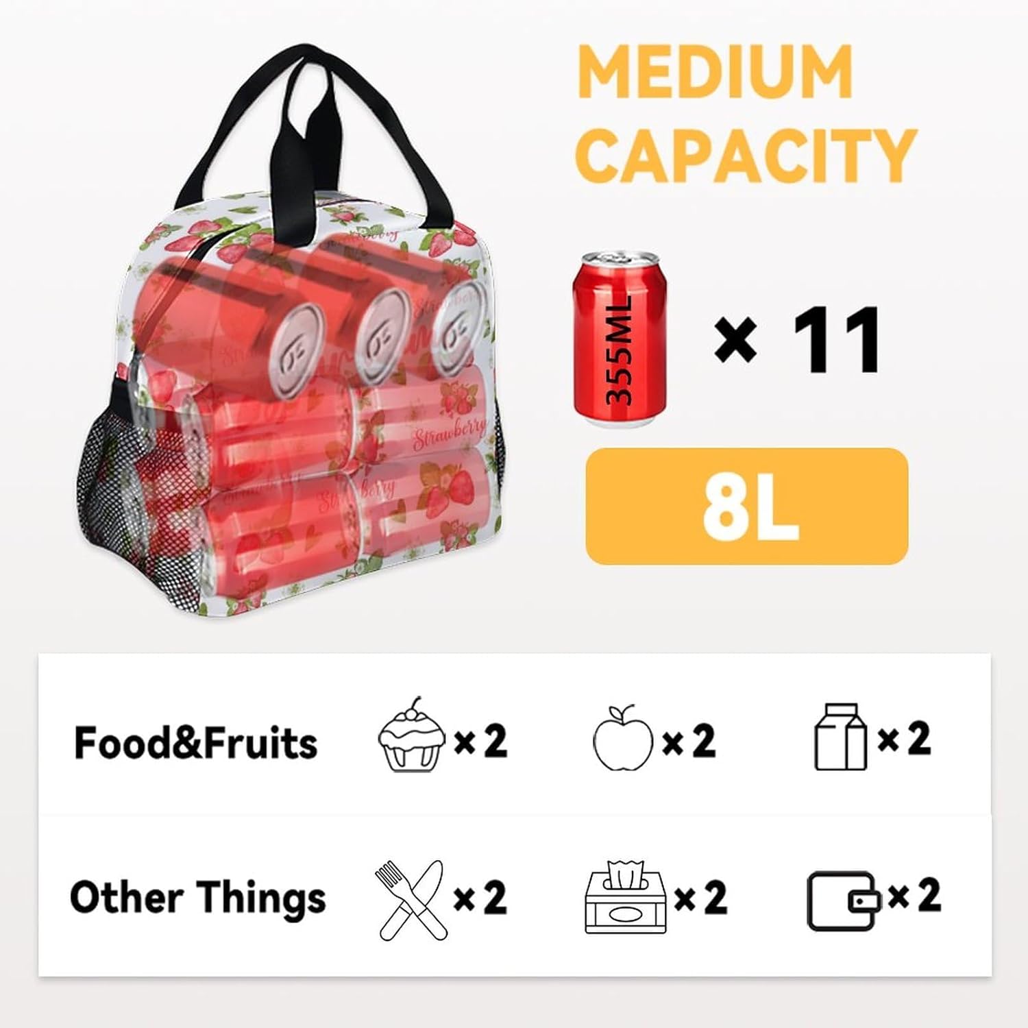 Lonchera personalizada de fresa para niños, pequeñas bolsas de almuerzo aisladas, bonita lonchera reutilizable para niñas, bolsas de almuerzo