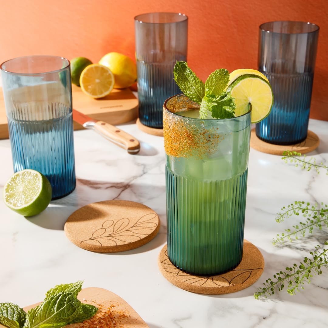 Bloomhouse Lyon Sky – Juego de 8 vasos de cristal de color azul lapislázuli hecho a mano de 18 onzas con posavasos