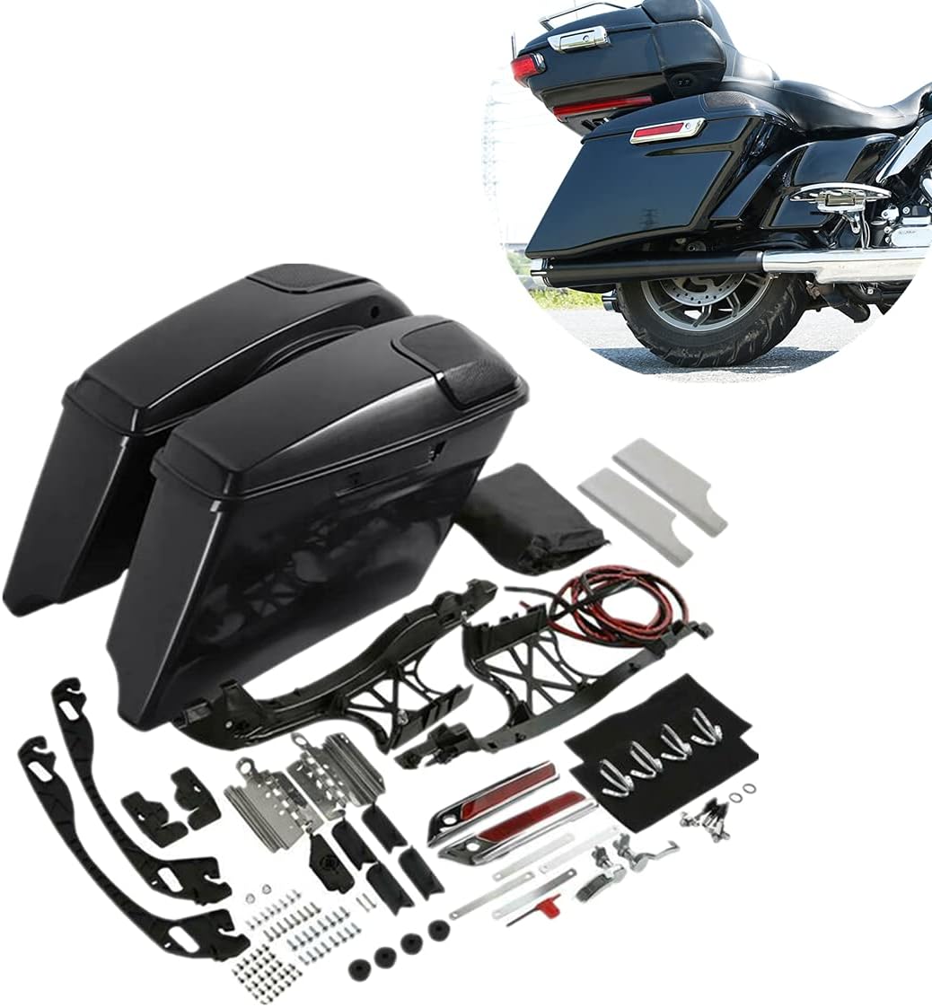 TCMT Alforjas extendidas de 4 pulgadas y altavoces de 5 x 7 pulgadas para Harley Touring Road King Road Glide Street Glide Electra Glide 2014-2023