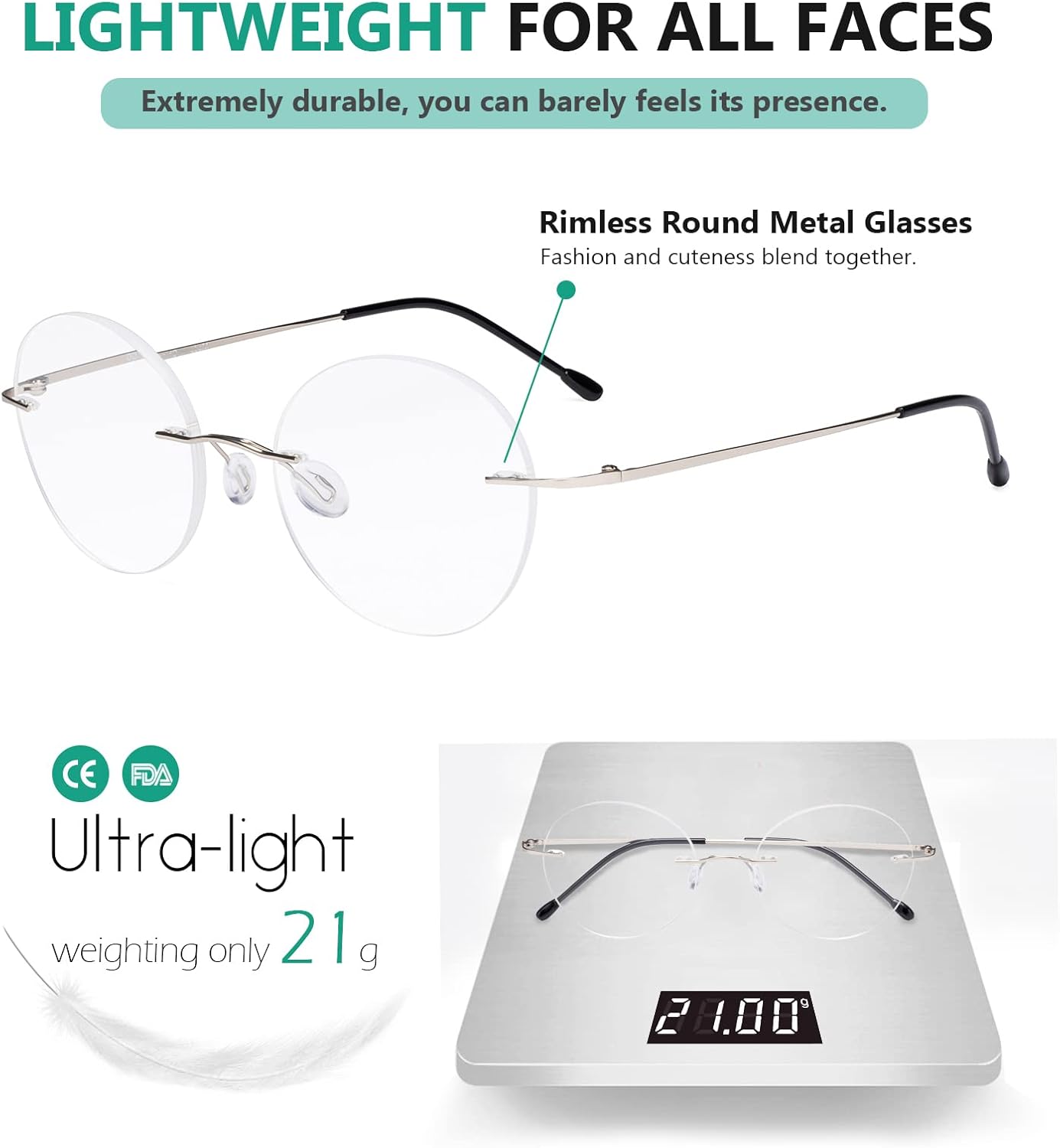 Eyekepper Paquete de 4 lentes de lectura redondos de metal sin montura para mujeres y hombres, lectores circulares sin marco