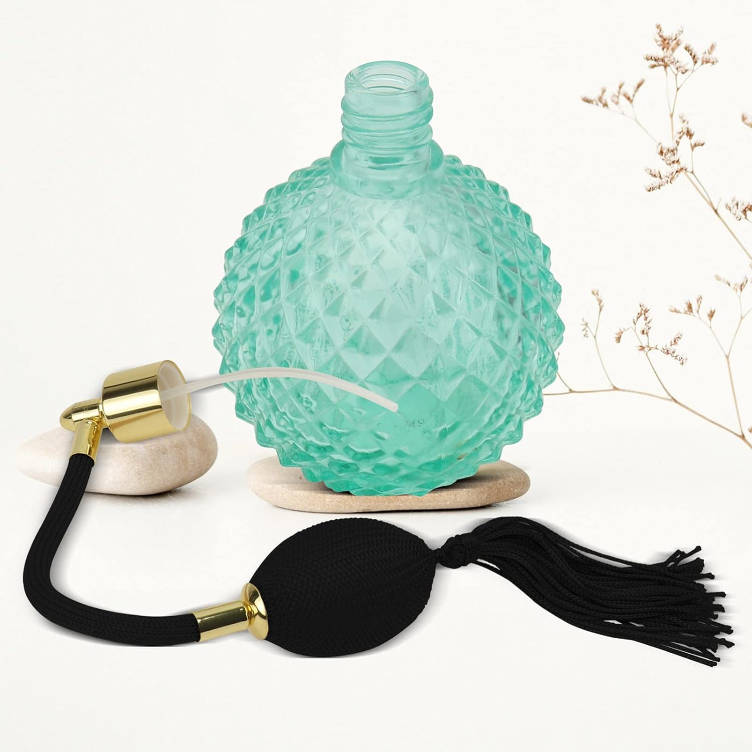 HEALLILY Botella de perfume vintage de cristal de 3.4 fl oz recargable con bolsa de aire de borla larga, recipiente de vidrio vacío transparente