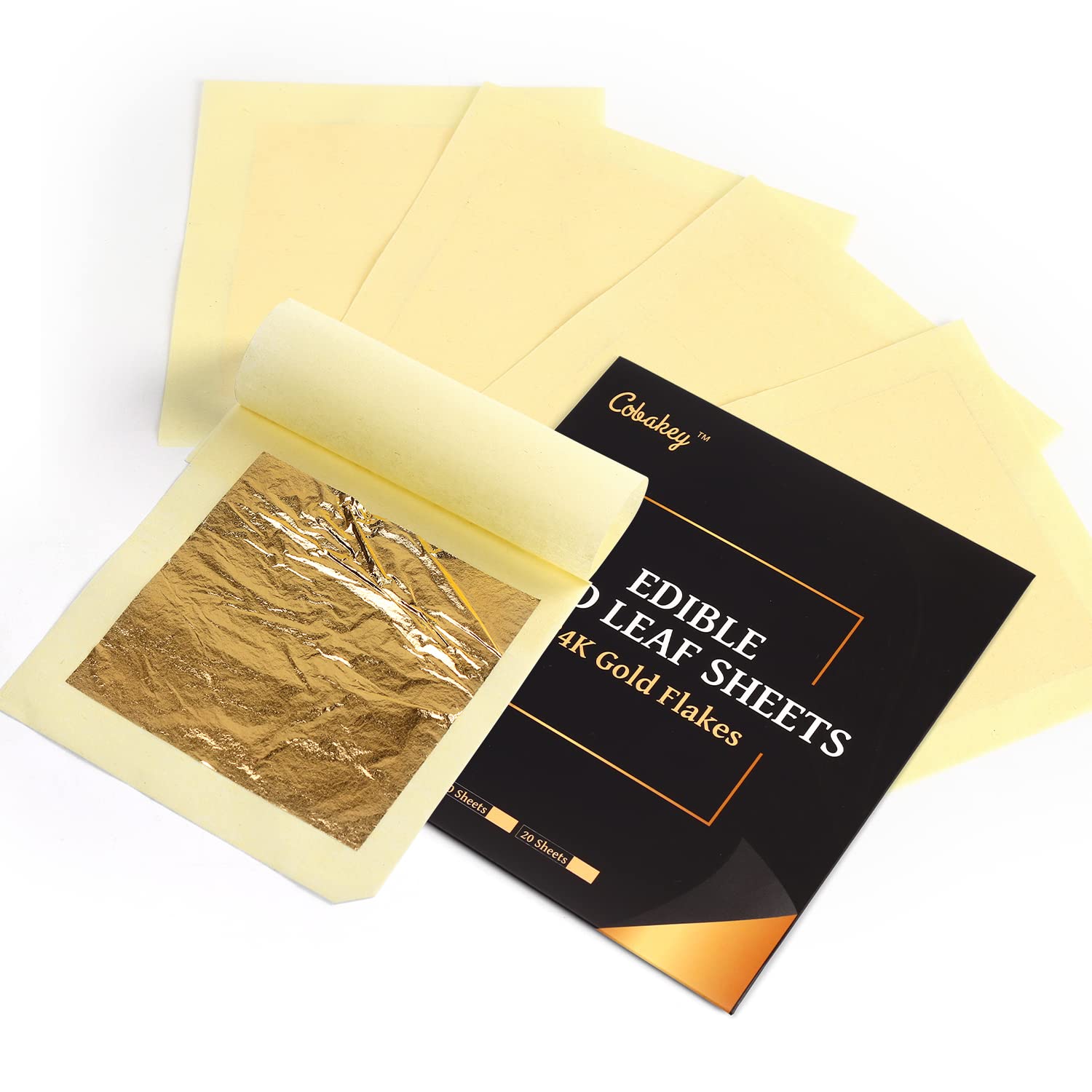 Cobakey Hojas de oro comestibles de 3.15 x 3.15 pulgadas, hojas de oro auténtico de 24 quilates, 5 piezas para decoración de alimentos, bebidas y