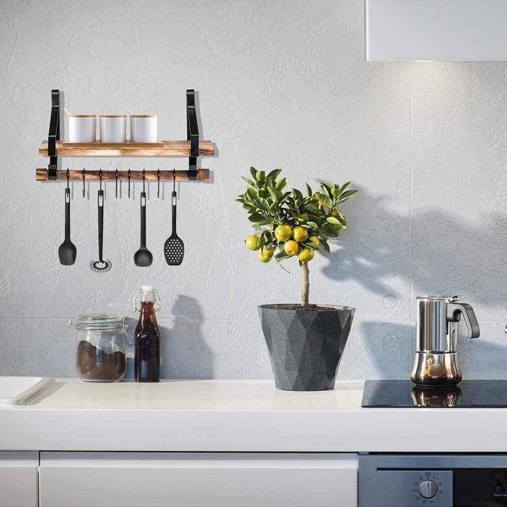 Estantes de pared de madera con toallero, estante de especias de cocina de madera rústica con barra de toalla y 8 ganchos extraíbles para baño,