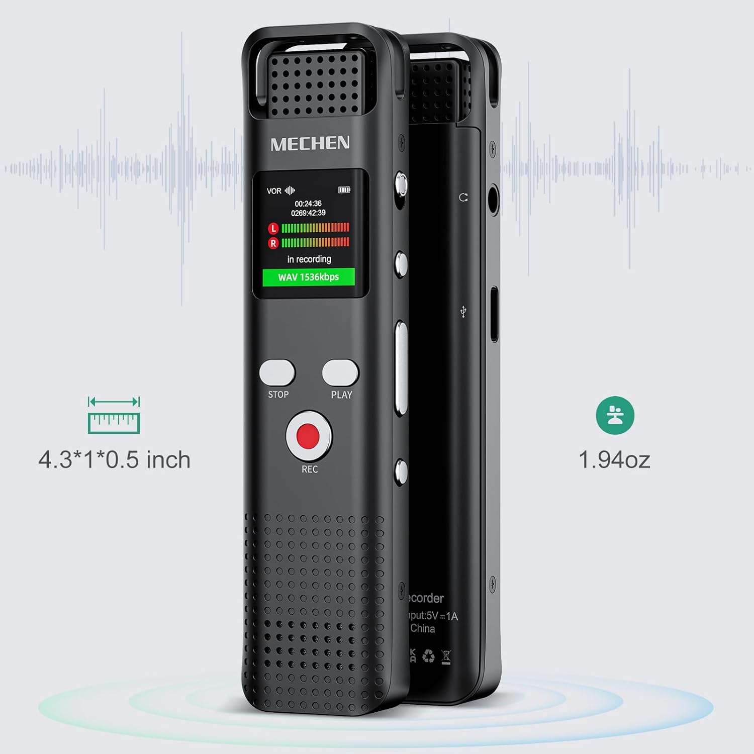 MECHEN – Grabadora de voz digital de 64 GB activada por voz para conferencias y reuniones, pequeño dictáfono recargable de 1536 Kbps con
