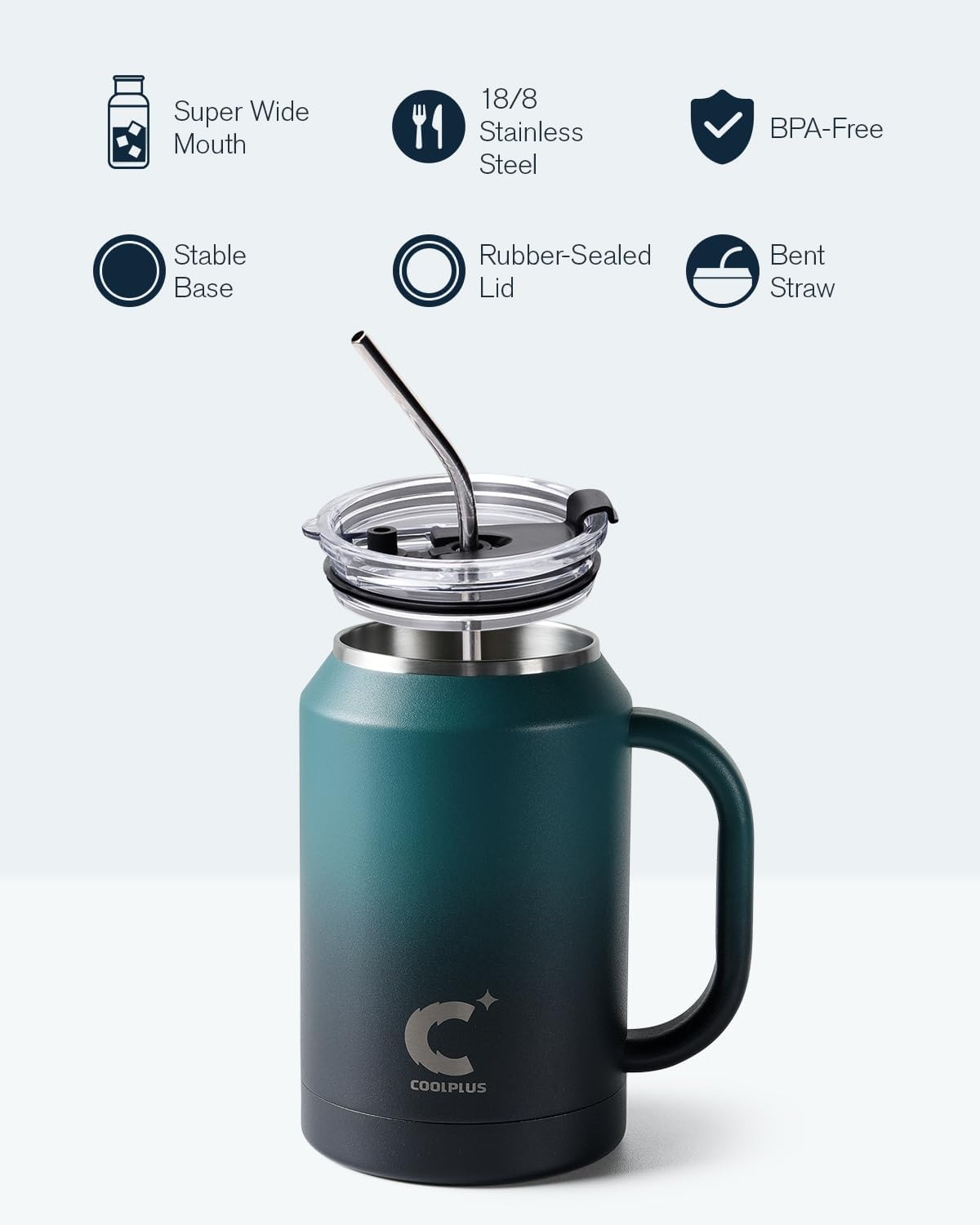 Coolplus Vaso de 32 onzas con asa y pajilla, taza de café de acero inoxidable con aislamiento de viaje con tapa 2 en 1, doble pared de metal que