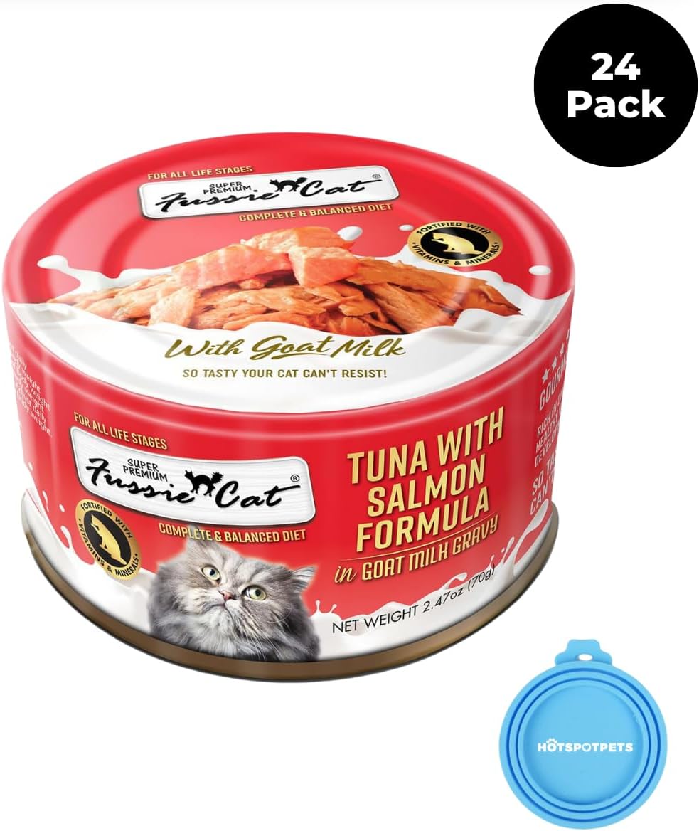 Fussie Cat Super Premium – Alimento húmedo enlatado para gatos en salsa de leche de cabra, latas de 2.47 onzas, caja de 24 paquetes con tapa de lata