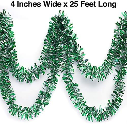 Anderson’s Guirnalda iridiscente brillante de dos colores, verde y plateado, 4 pulgadas de ancho x 25 pies de largo, decoraciones flotantes para