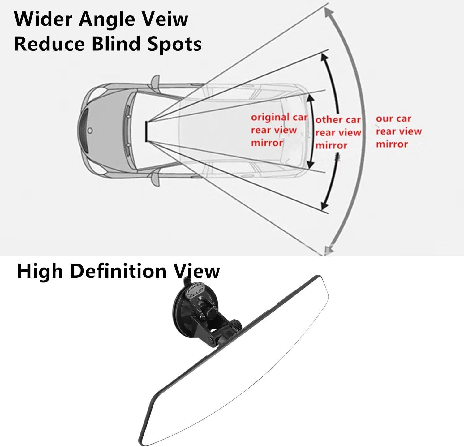 Espejo retrovisor para automóvil con ventosa ajustable, gran angular que reduce los puntos ciegos, 12.6 pulgadas, HD, universal, panorámico,