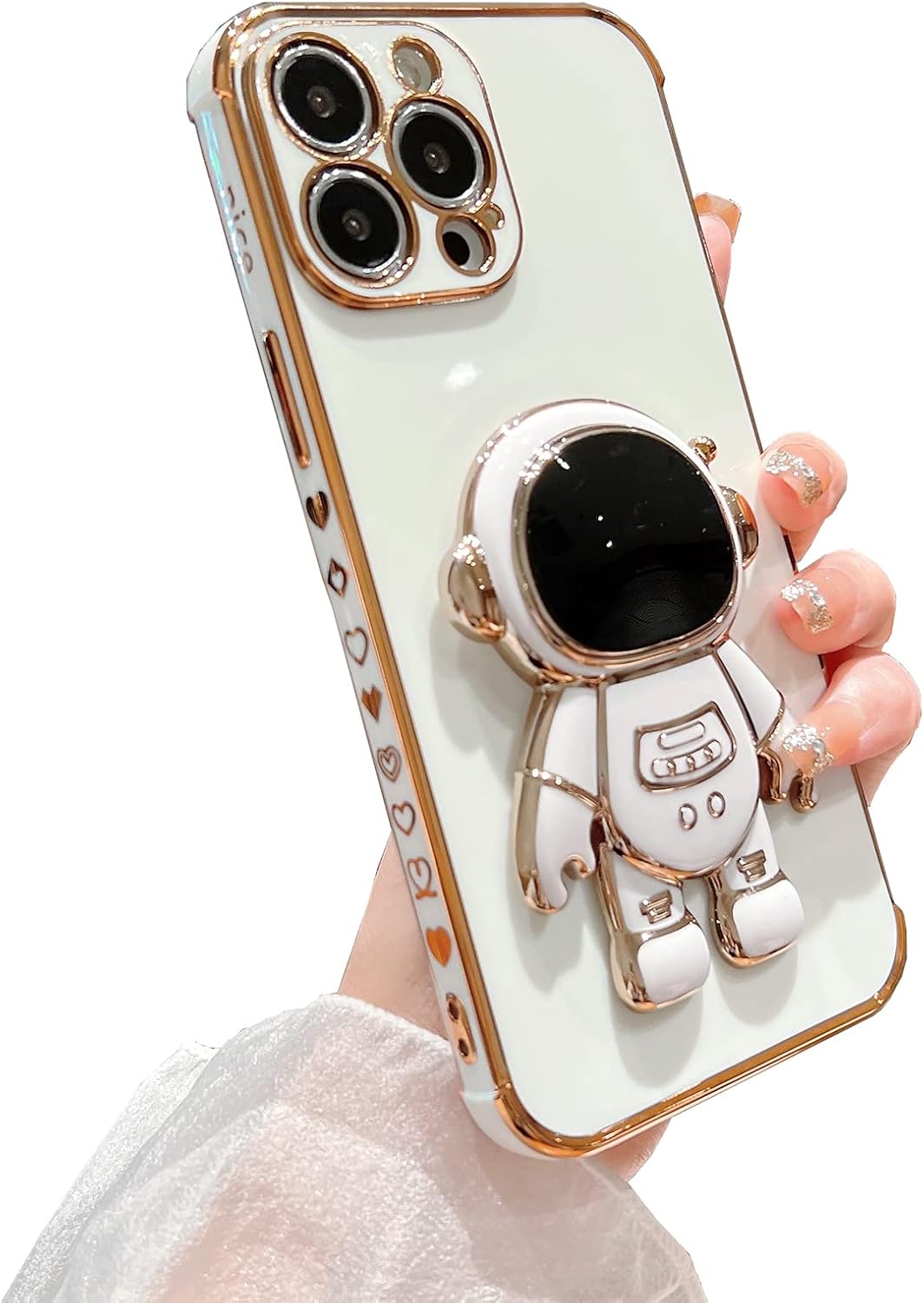Omio – Funda compatible con iPhone 15 Pro Max con soporte oculto de astronauta, funda de lujo chapado en corazón con borde lateral, pequeño patrón