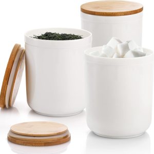 AVLA Paquete de 3 tarros de cerámica para almacenamiento de alimentos con tapas de bambú, recipientes de cocina blancos de 36 onzas líquidas para AVLA Paquete de 3 tarros de cerámica para almacenamiento de alimentos con tapas de bambú, recipientes de cocina blancos de 36 onzas líquidas para