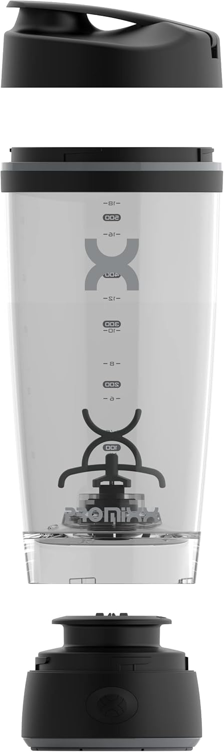 Promixx Botella mezcladora original, funciona con pilas para batidos de proteínas suaves, sin BPA, taza de 20 onzas (negro)