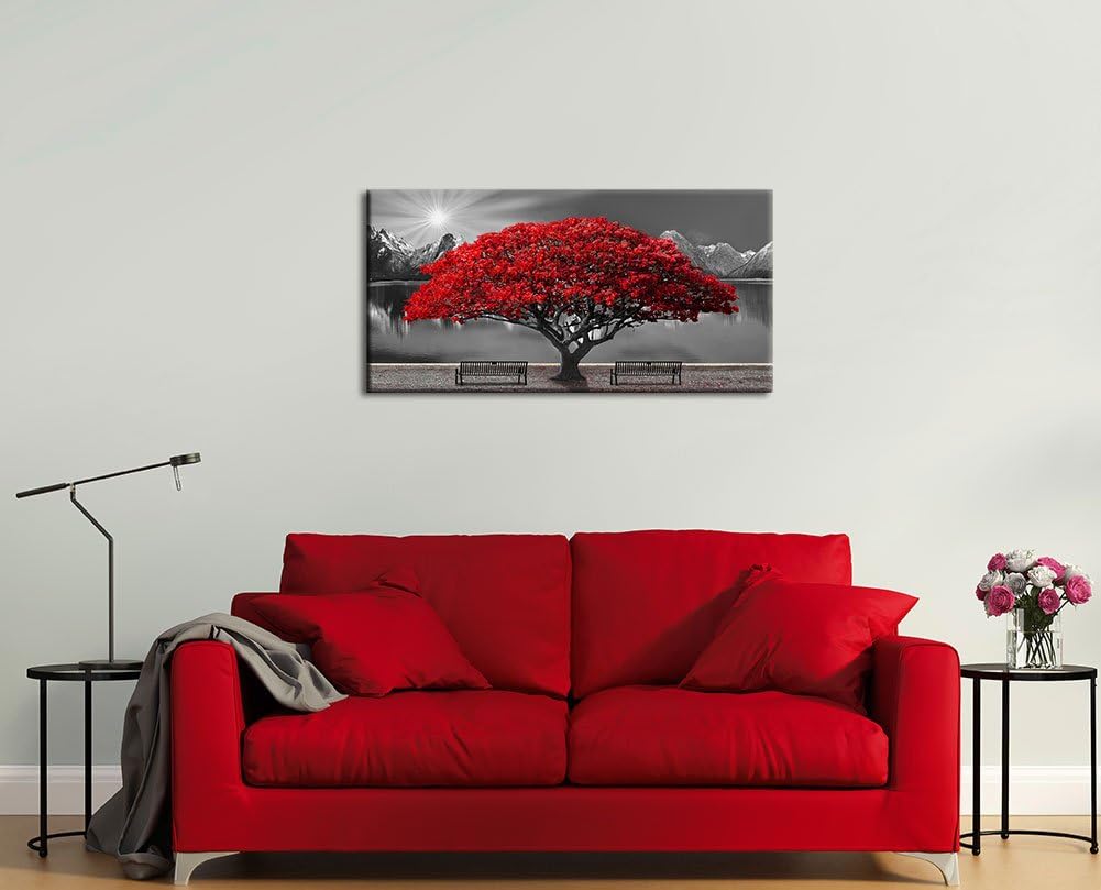 Black and White Red Tree Wall Art Canvas Print Picture Large Red Tree Landscape Modern Artwork for Living Room Bedroom Office Home Wall Decor With