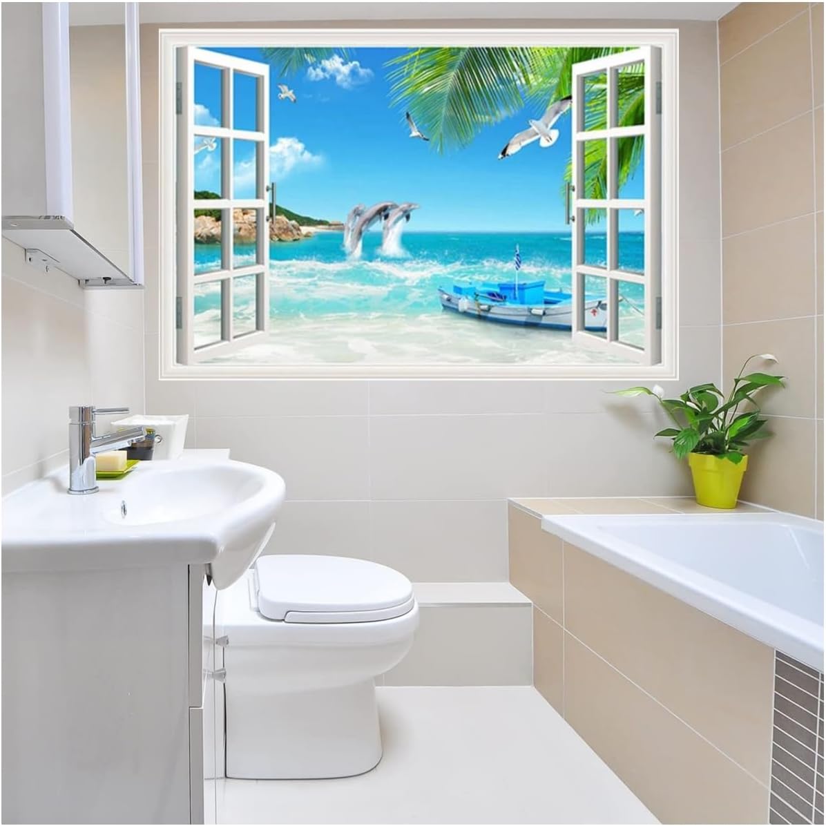 HOTIYOK Calcomanías de pared falsas de océano, diseño de delfines y animales marinos, hojas verdes, gaviotas, mural de pared para ventana, póster