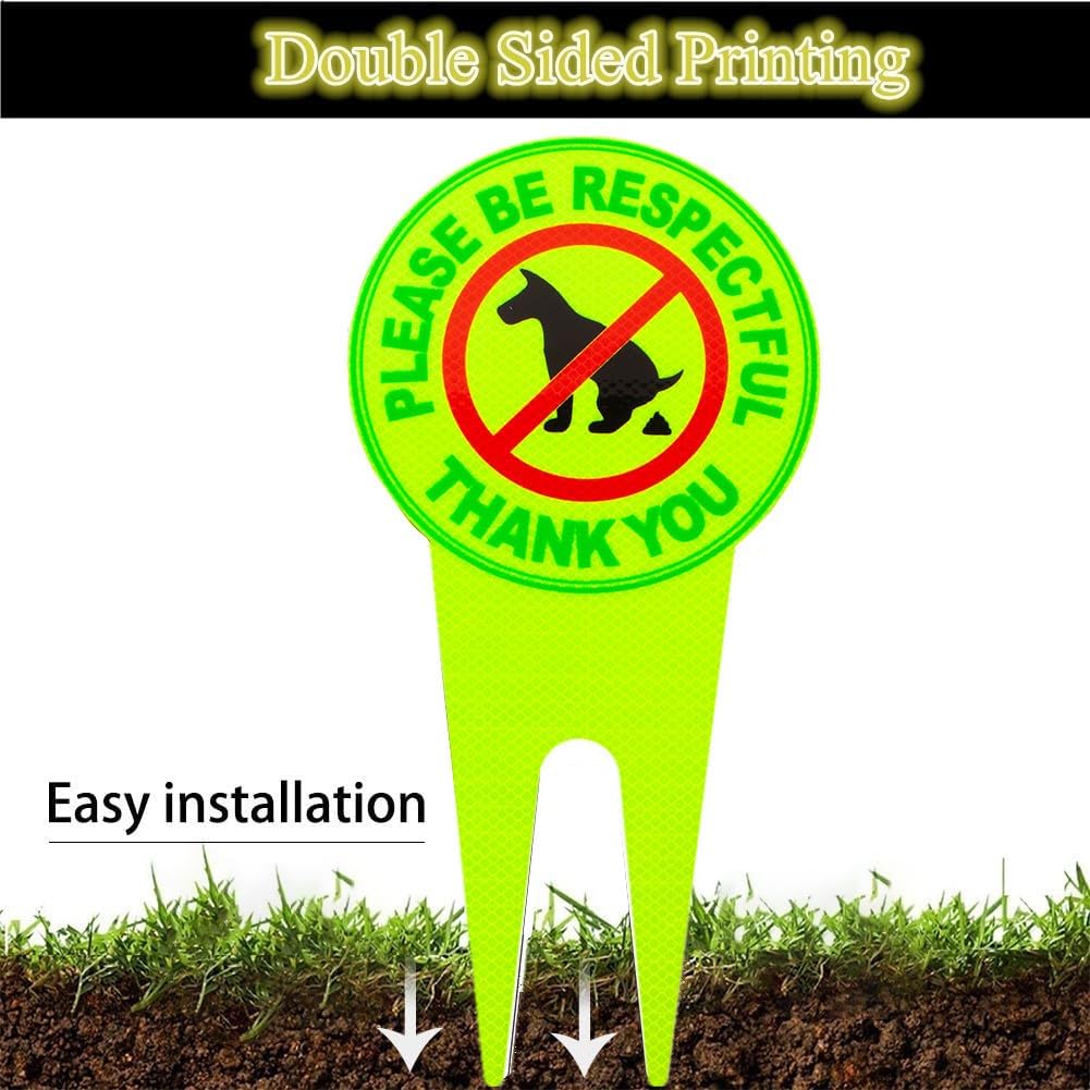 Letrero reflectante de doble cara con estaca para perro sin caca de abeja, de 14.6 x 7.3 pulgadas, letrero con texto en inglés Please Be Respectful