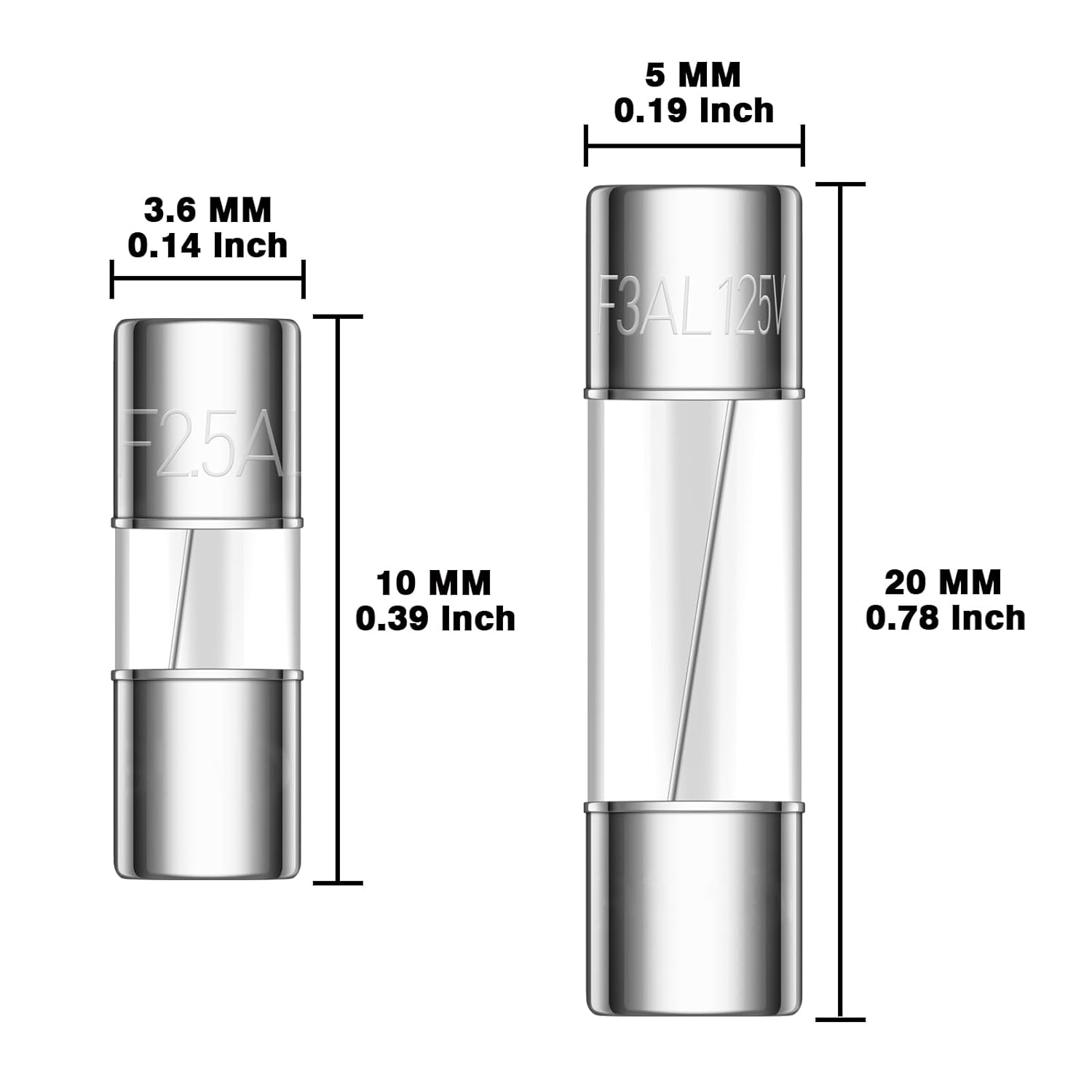 VEXUNGA 23Values Kit de fusibles de vidrio de 125 V 0.5A 1A 1.25A 1.6A 2A 2.5A 3.15A 3.15A 3.5A 4A 6A 6.3A 7A 8A 10A 12A 15A 20A 0.197 in y 2.5A 3A