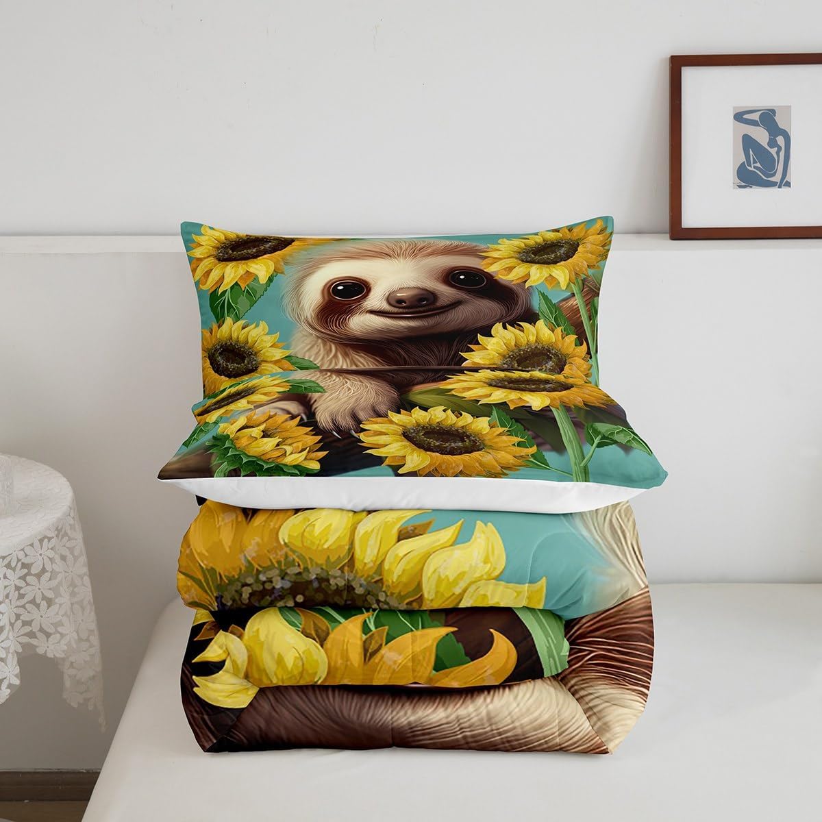 Lindo juego de edredón de perezoso, tamaño Queen, juego de ropa de cama con flores amarillas y girasoles para niñas, adolescentes, decoración de