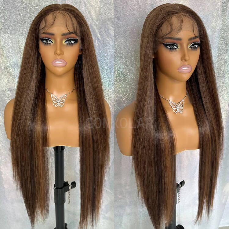 Pelucas de encaje frontal sintético lacio marrón, sin pegamento, línea de cabello natural, con reflejos marrones, pelucas de encaje sintético marrón