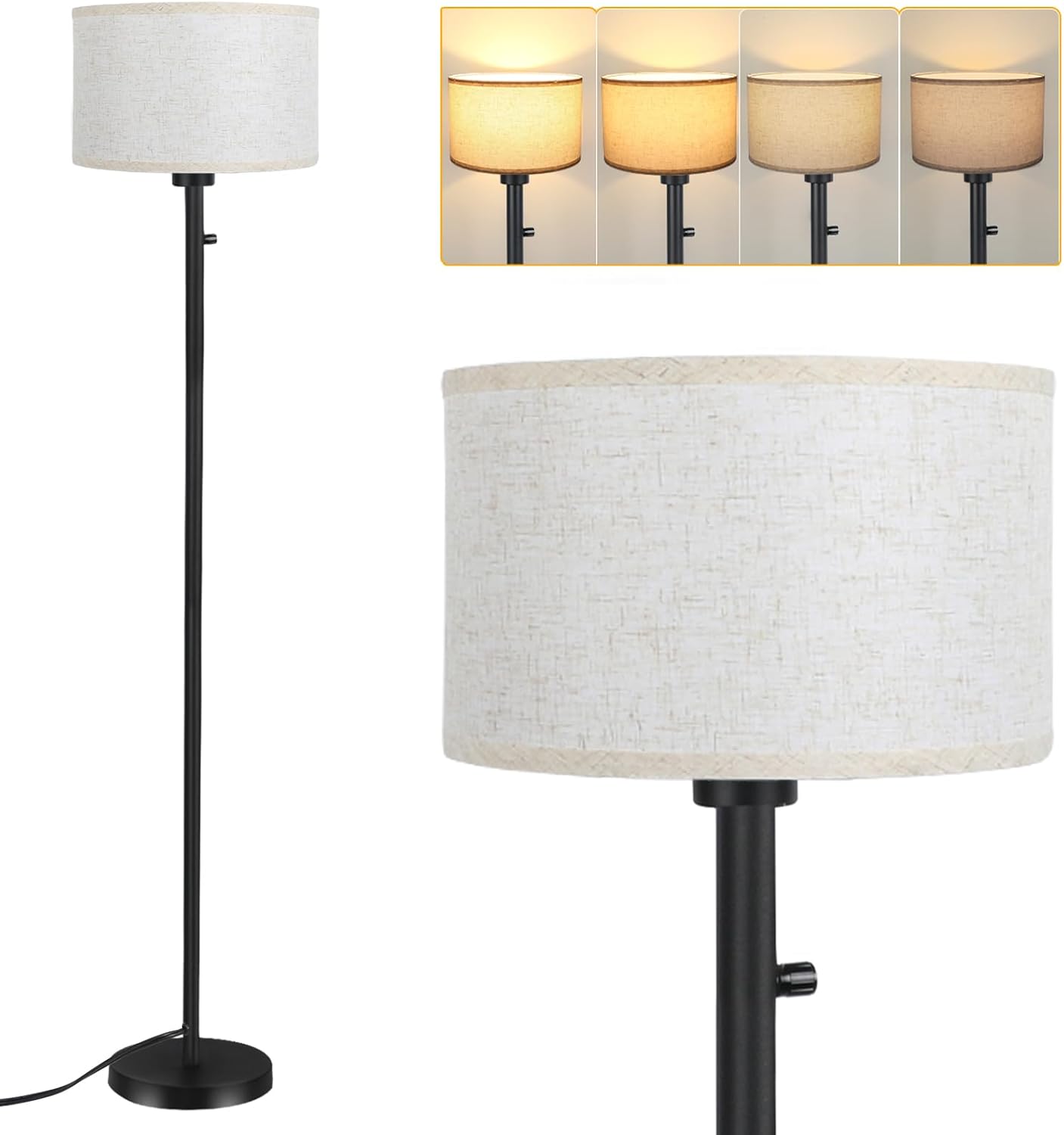 Lámparas de pie para sala de estar, lámpara de pie regulable continua, lámpara de pie moderna con interruptor giratorio, pantalla de lino beige,
