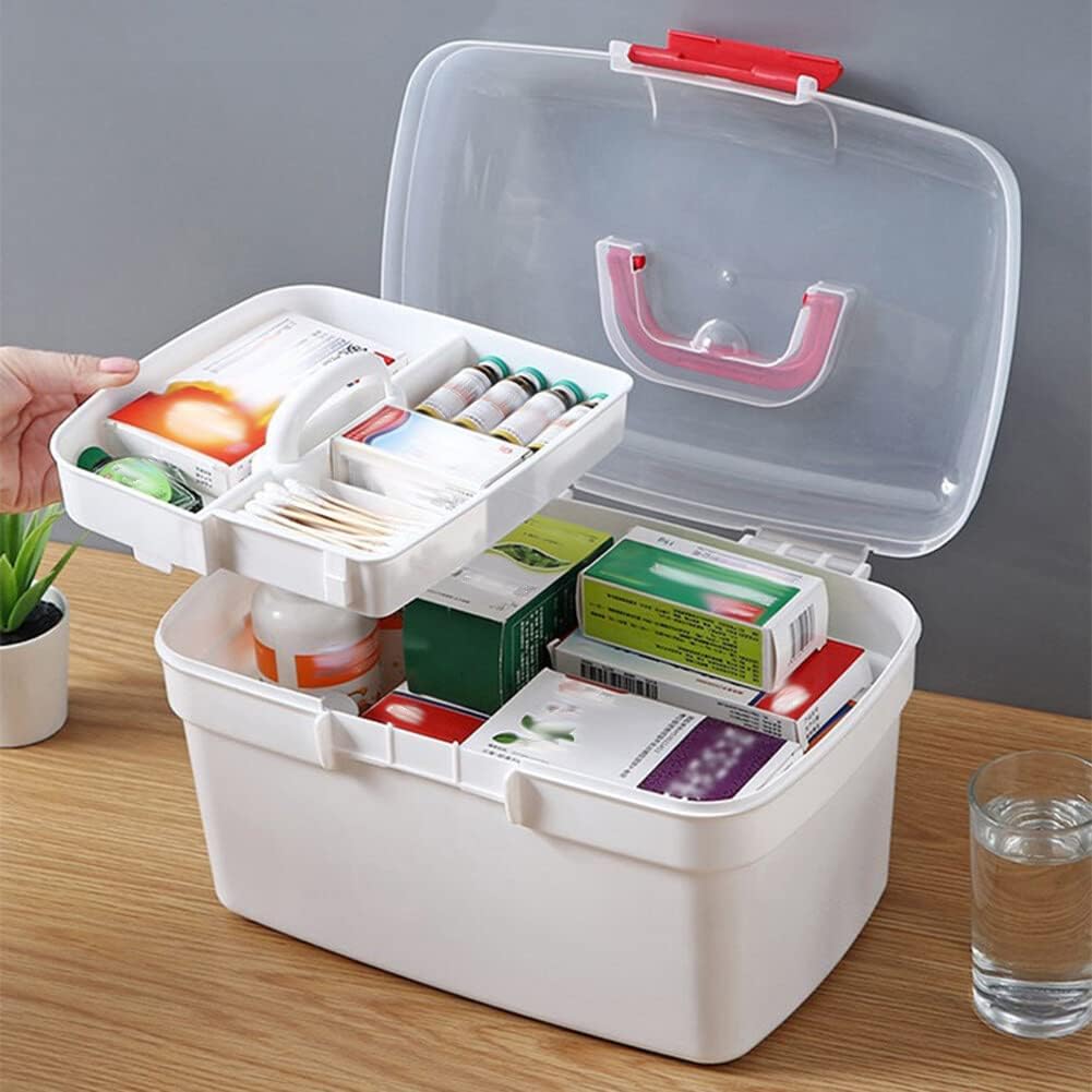Caja médica, Caja vacía transparente de primeros auxilios con mango portátil, caja de almacenamiento de doble capa caja de píldoras de plástico