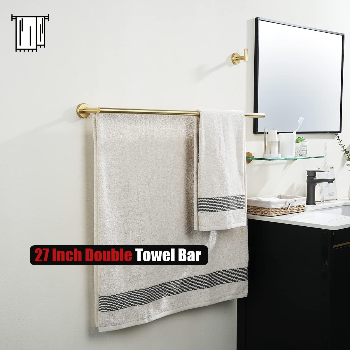 JQK Toallero de baño doble, oro cepillado de 27 pulgadas, acero inoxidable 304 de grosor de 0.031 in para baño, toallero de pared para montaje en