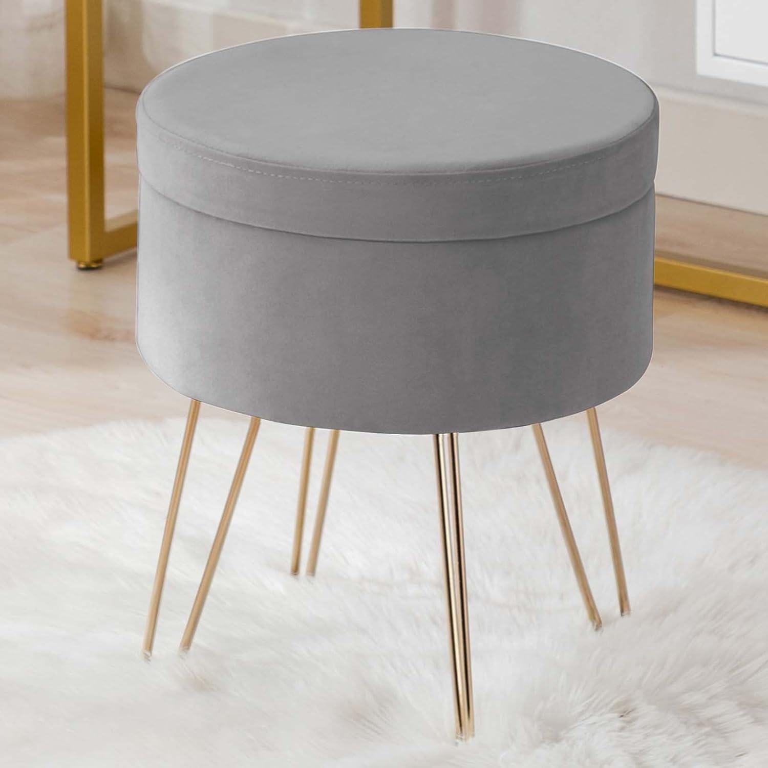 Duhome – Otomana de almacenamiento de terciopelo, silla de tocador con patas de metal, reposapiés redondo, bandeja superior para dormitorio, sala de
