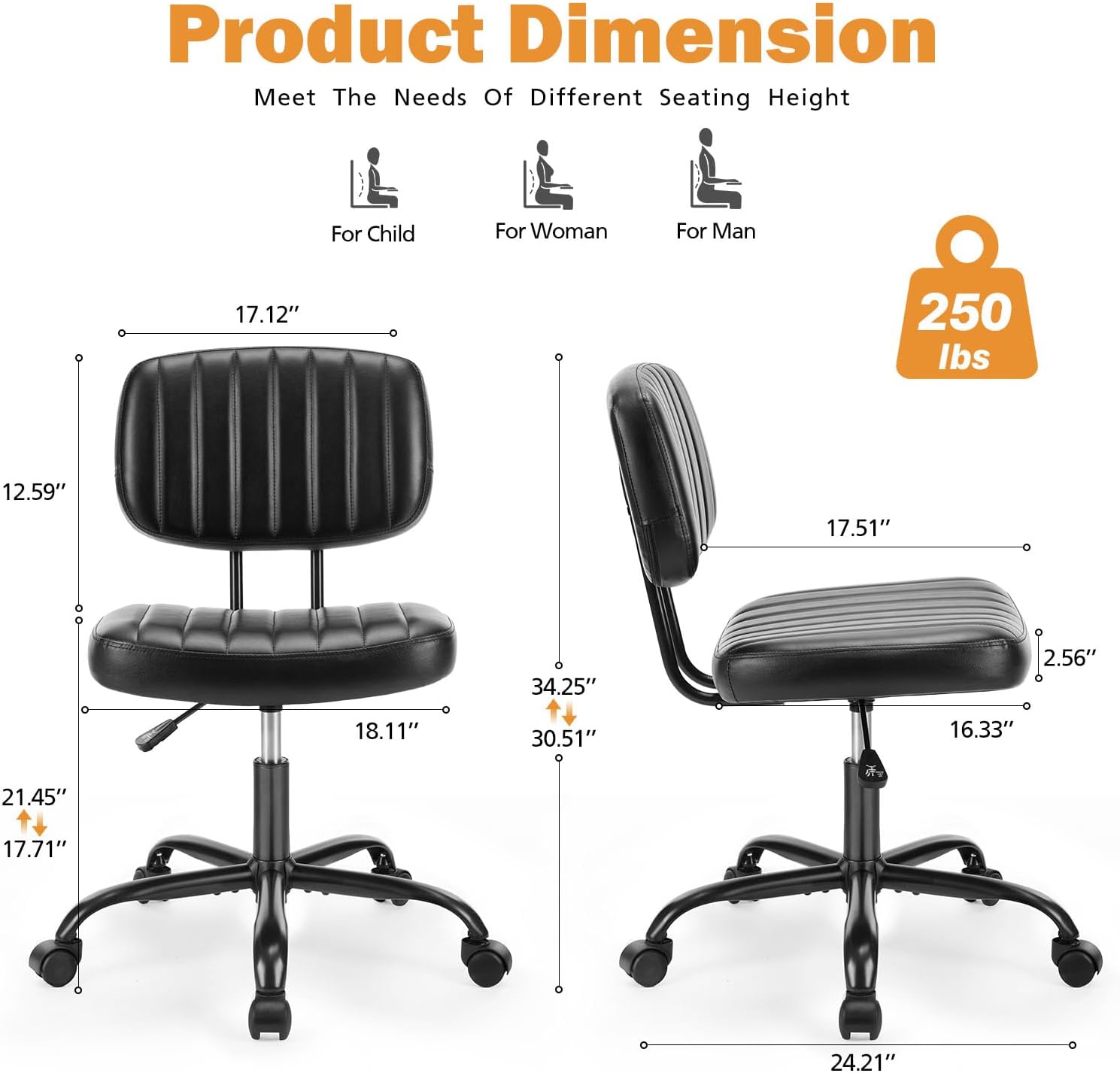 Sweetcrispy Silla pequeña de escritorio de oficina con ruedas y soporte lumbar, cómoda silla giratoria de piel sintética con ruedas y soporte