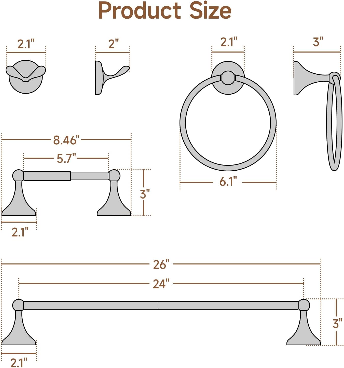 USHOWER Juego de accesorios de baño de cromo pulido, juego de toallero de 24 pulgadas montado en la pared, juego de accesorios de baño resistentes,
