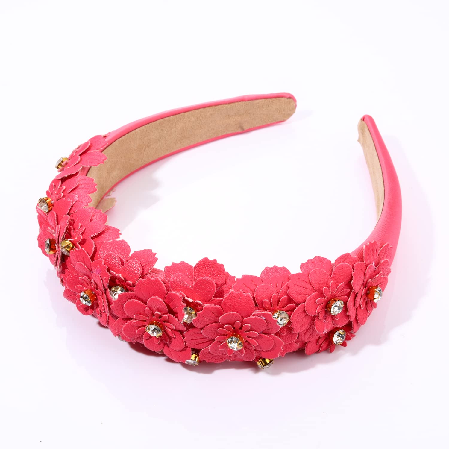 Diademas acolchadas de cristal de flores, diadema de cuero floral adornada con diamantes de imitación, aro ancho para el cabello, color sólido,