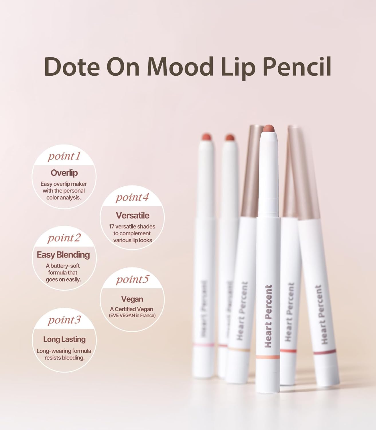 Heart Percent Dote On Mood Lápiz labial, lápiz labial cremoso de larga duración, delineador de color liso, lápiz labial retráctil 0.03 oz, 06. Color