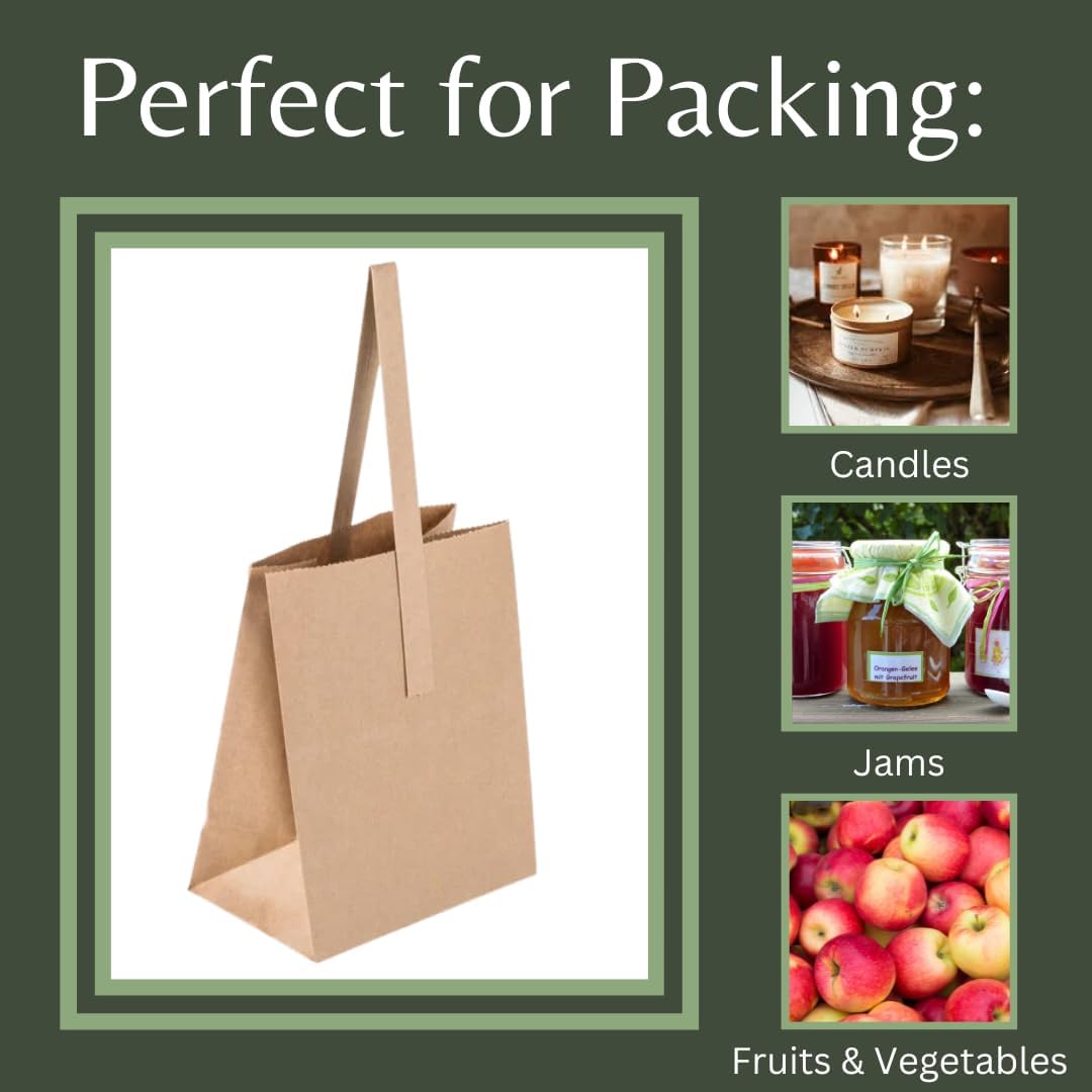 Paquete de 50 bolsas de papel kraft marrón fabricadas en Estados Unidos con asas (6.75 x 4.25 x 8 pulgadas) perfectas para productos de medio punto