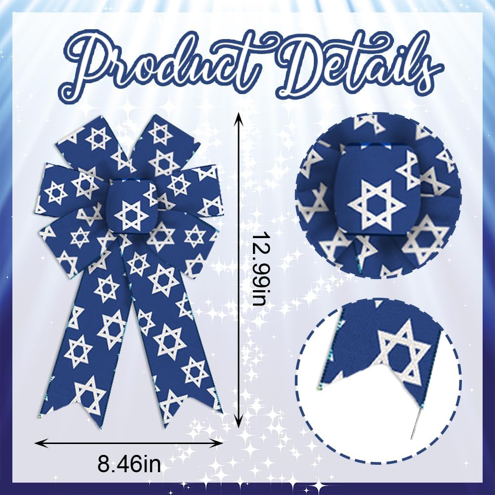 2 lazos de Hanukkah para corona, lazos de corona azul de Navidad judía, lazos rústicos de granja para puerta delantera, adornos de pared de la