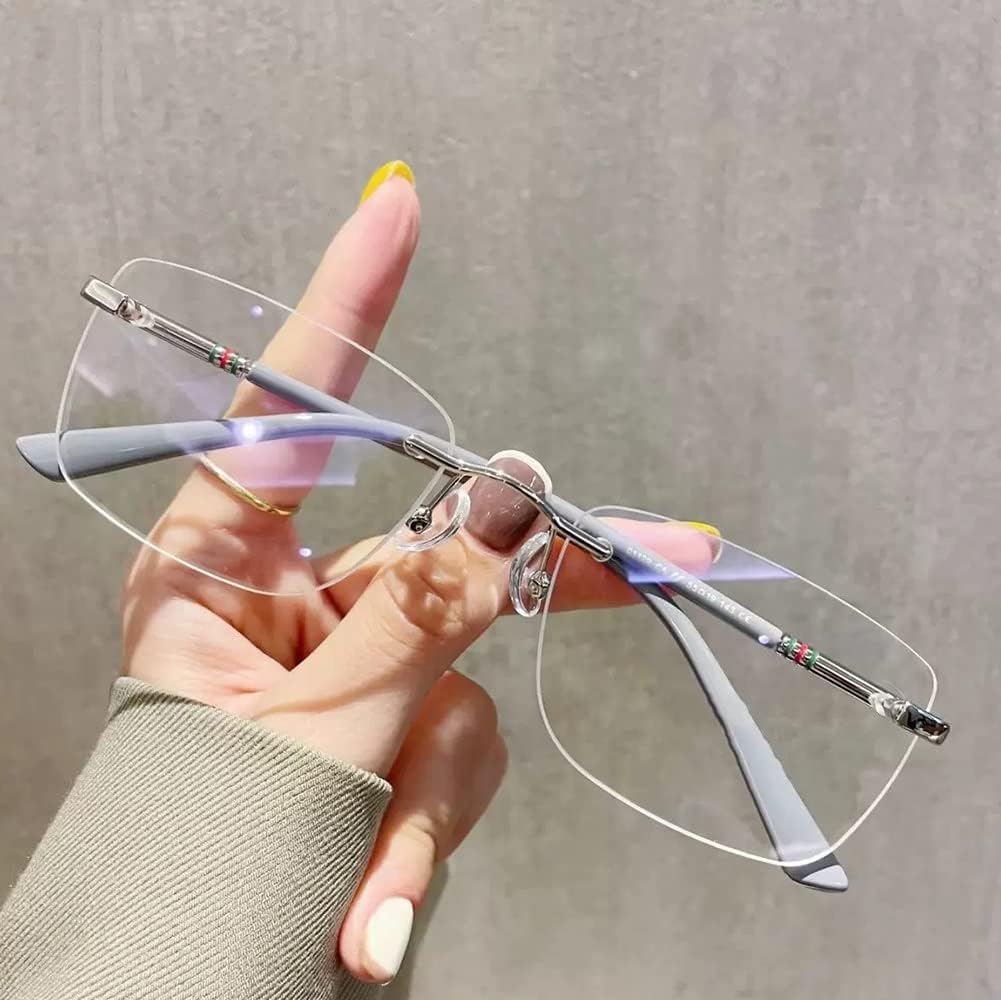 Lentes de lectura sin montura para hombres y mujeres, rectangulares con bloqueo de luz azul, lectores metálicos (color  gris, tamaño 1.5+)