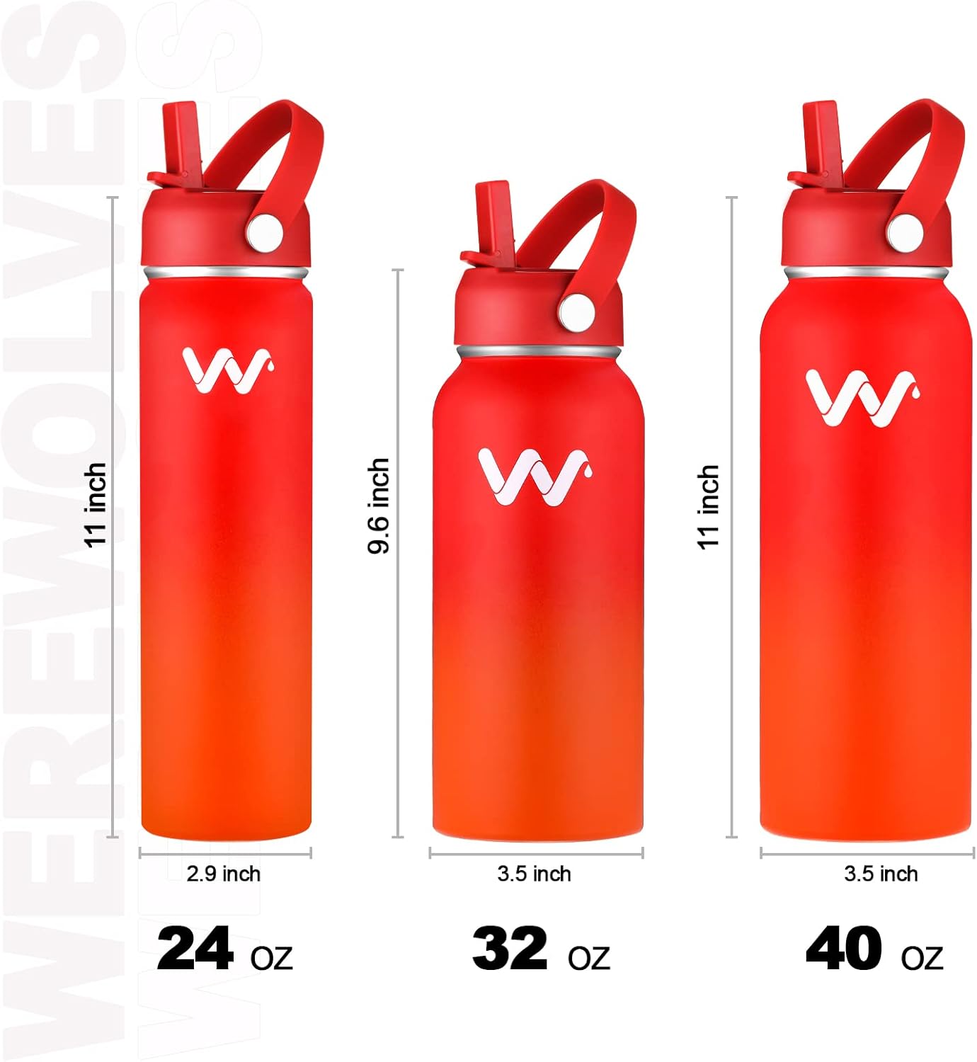 WEREWOLVES Botella de agua aislada con asas de paracaídas, correa, tapa de popote y tapa de boquilla, botella de agua reutilizable de boca ancha al