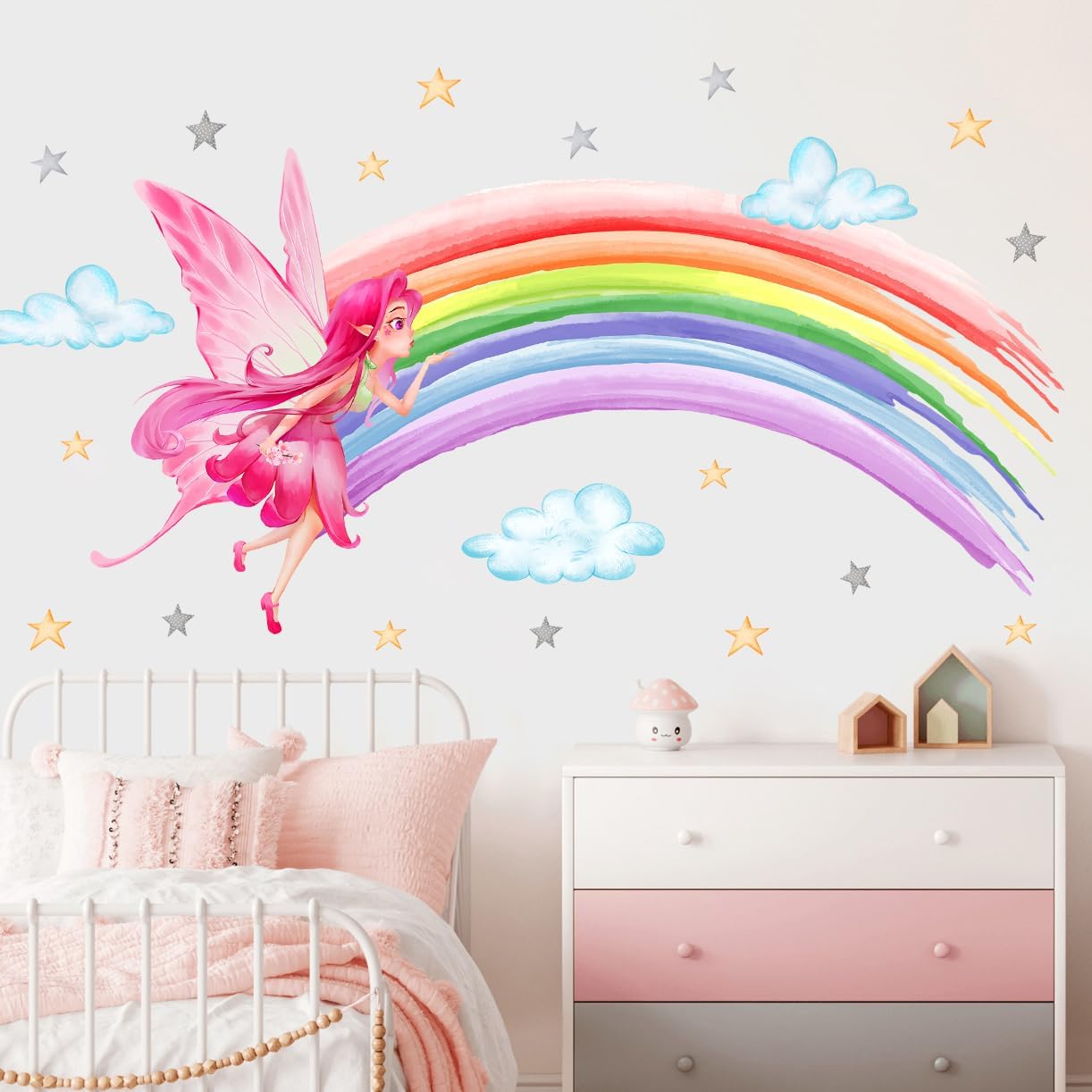 Calcomanías de pared de acuarela arco iris, calcomanías de pared coloridas de nube de estrellas, calcomanías de pared de princesa de elfo rosa para