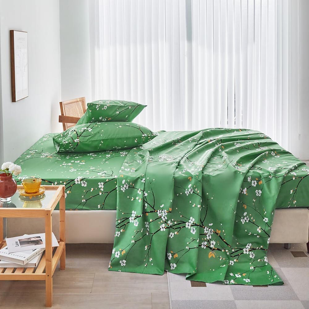 ZANBAST – Juego de sábanas de 4 piezas con estampado de flores verdes, estilo granja, se adapta fácilmente a sábanas de microfibra para todas las