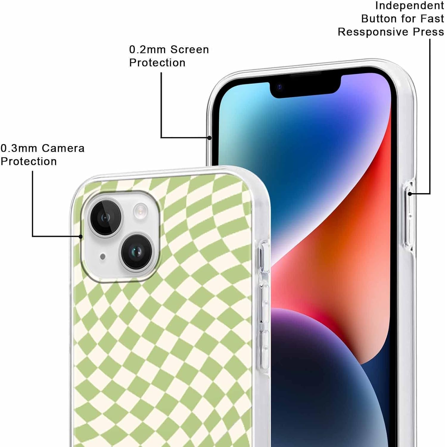 Paquete de 2 fundas de teléfono con diseño a cuadros para iPhone 1314 de 6.1 pulgadas, diseño de cuadrícula transparente, funda de silicona suave