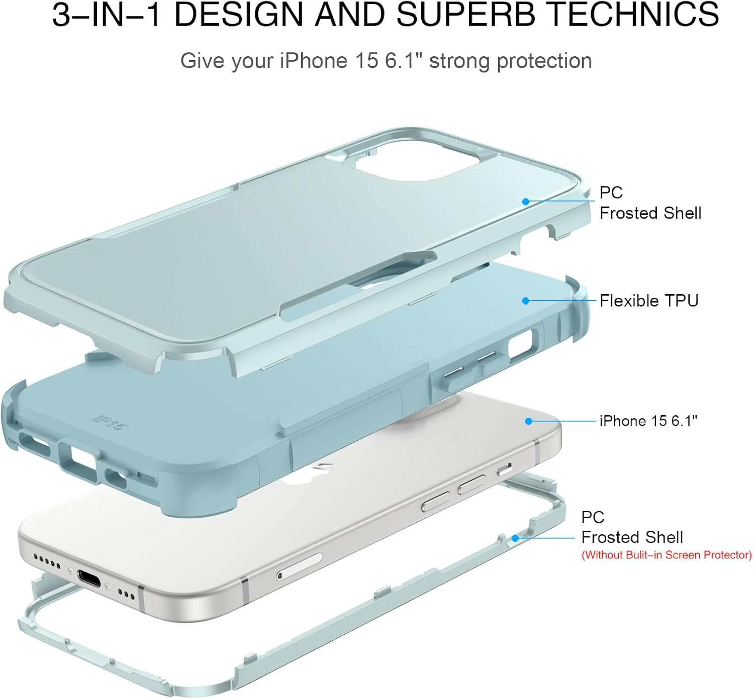 BENTOBEN Funda para iPhone 15, 3 en 1, resistente, híbrida, a prueba de golpes, policarbonato duro, TPU suave, antideslizante, protección para