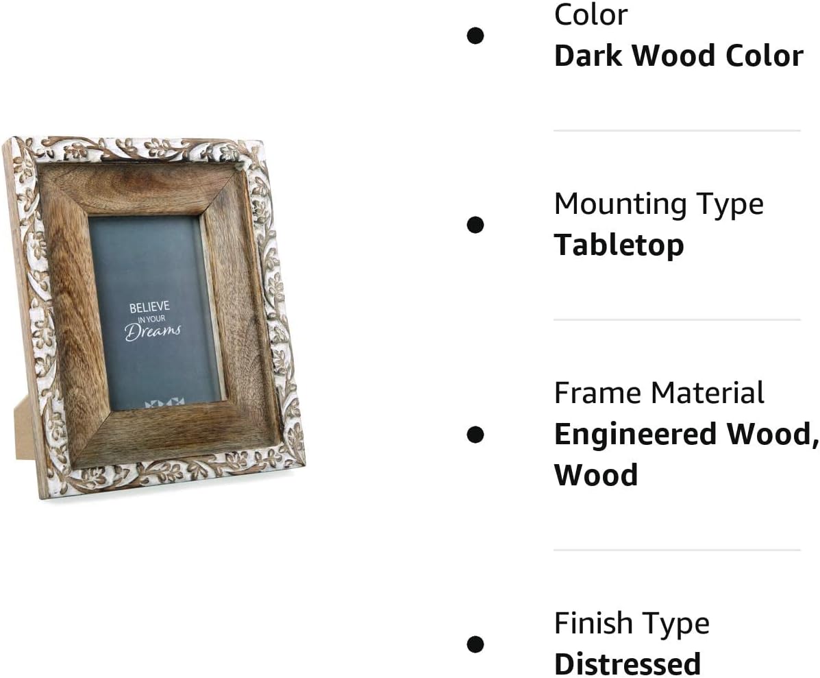 NIKKY HOME Hand Carved Floral Picture Frame 4×6 Boho Style Mango Wood Design with White Distressed Finish, Dark Wood Color